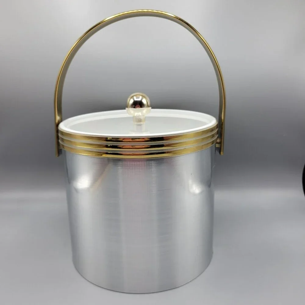 Vintage Mid Century Modern MCM Silver Gold Ice Bucket Clear Lid & Metal Handle